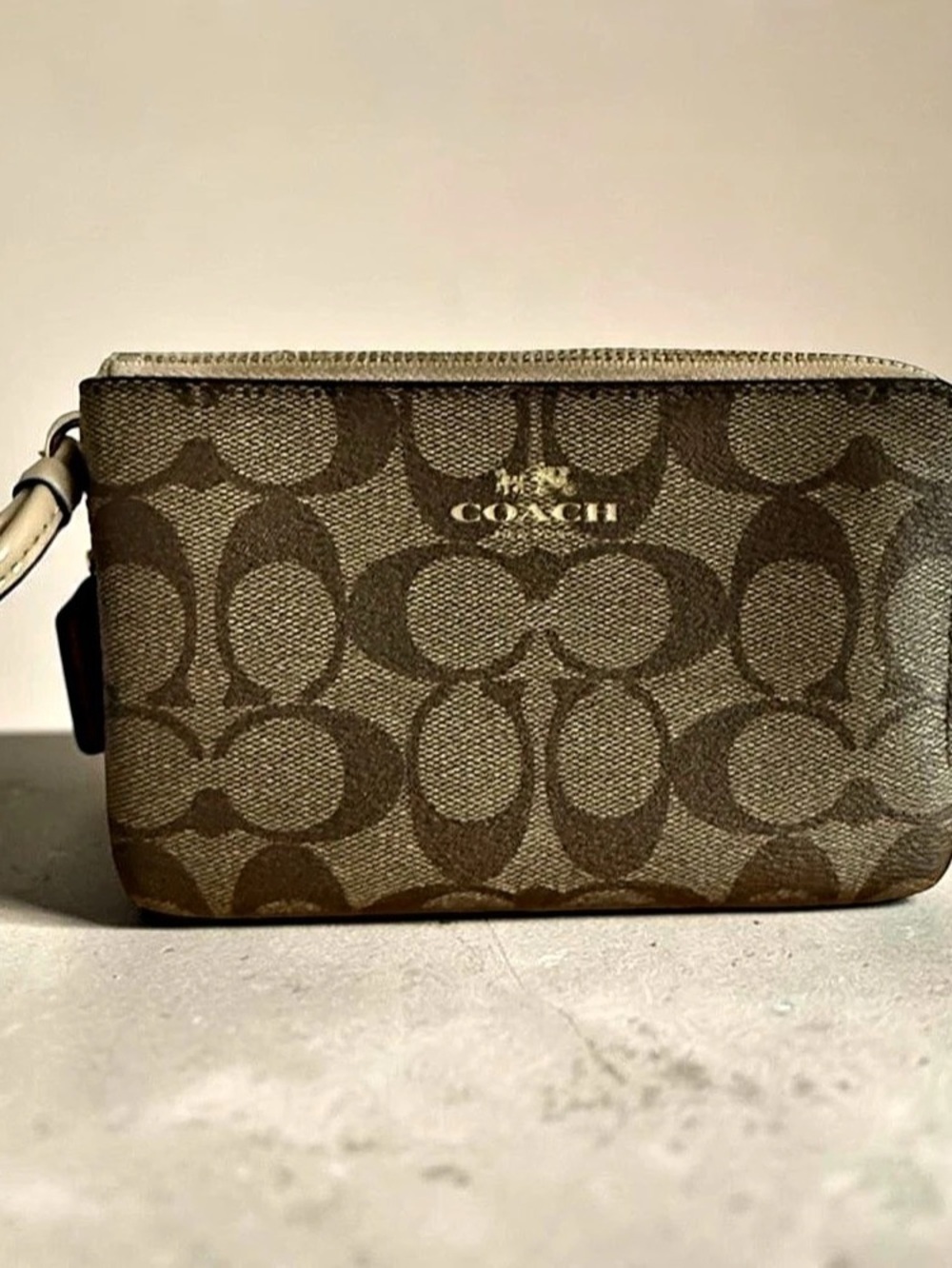 Coach Double Zip Wristlet in Signature Canvas, Brown & Beige - Picture 2 of 7